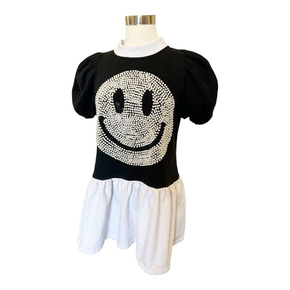 T20 Queen Of Sparkles Smiley Face Puff Sleeve Colorblock Dress Blk/Wht Sz XS - Picture 1 of 7